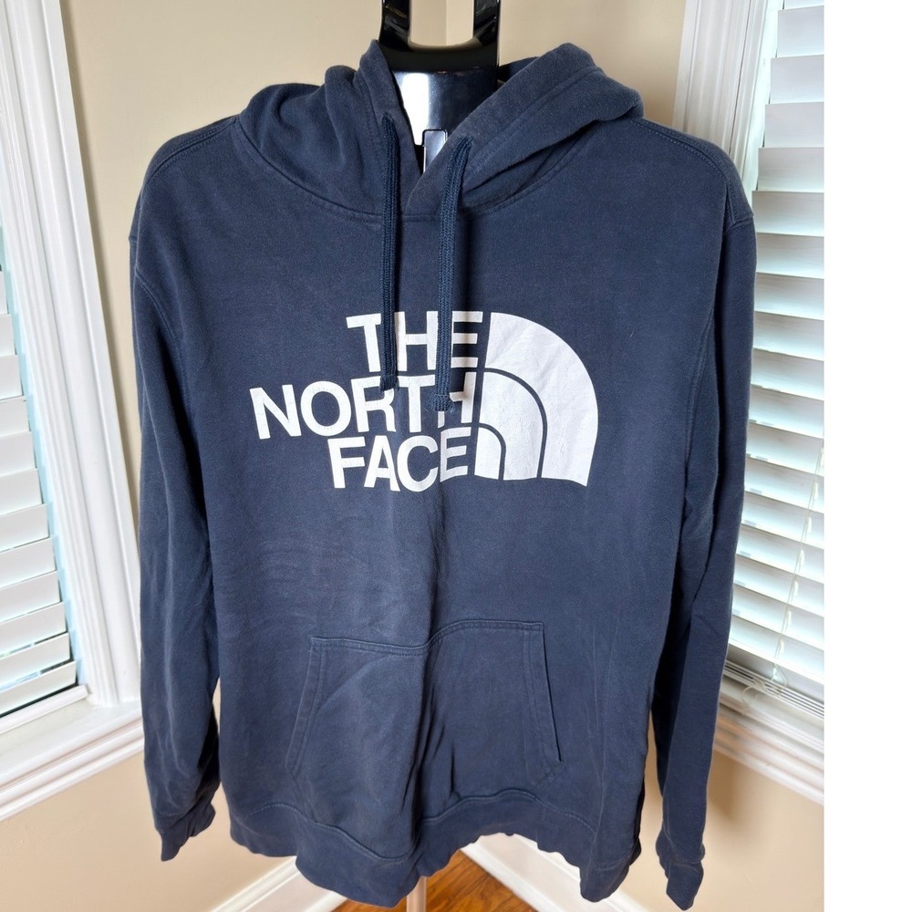 Vintage The North Face Mens XL Navy Blue Graphic Logo Pullover Hoodie Sweatshirt